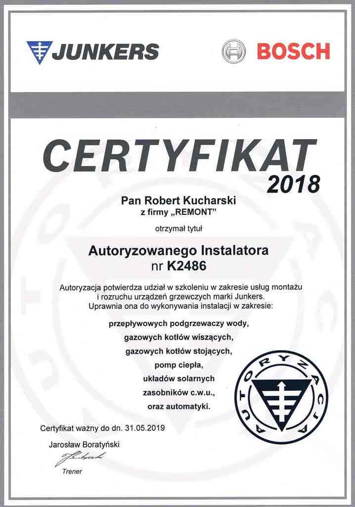 Certyfikat autoryzowanego instalatora Junkers Bosch